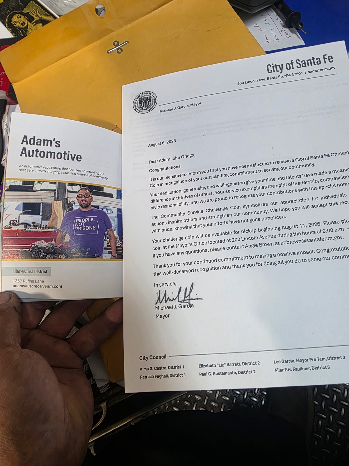 City of Santa Fe recognition letter for Adam Griego